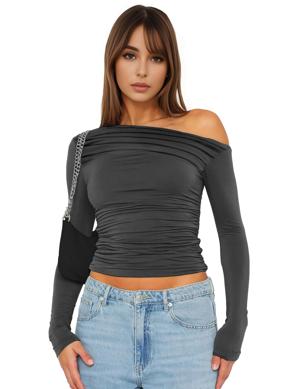 Buauty Womans Off The Shoulder Long Sleeve GoingOut Workouts Crop Tops Grey